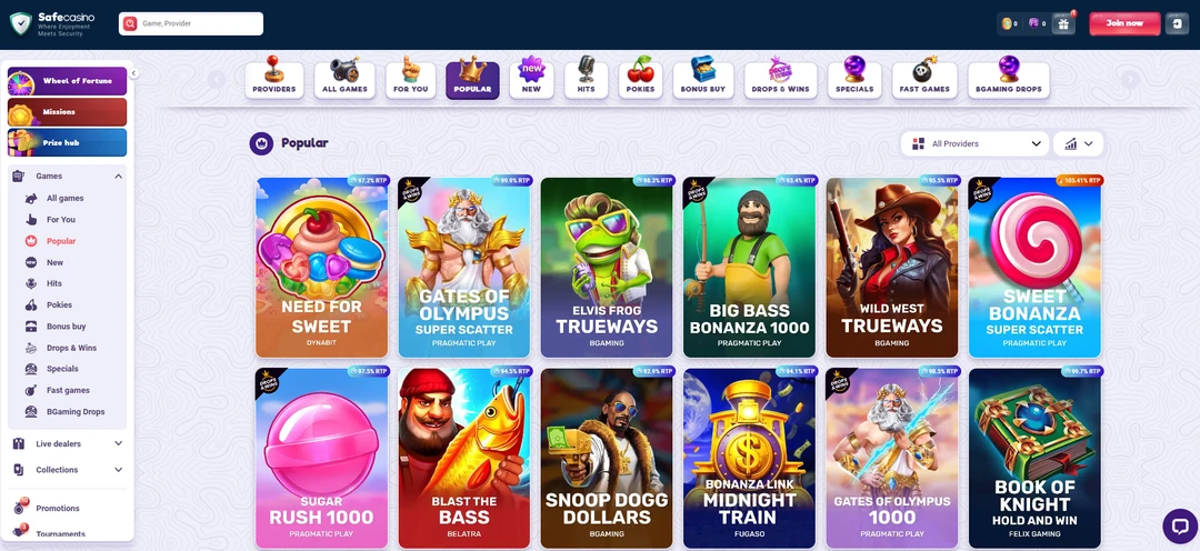 SafeCasino game lobby SafeCasino games